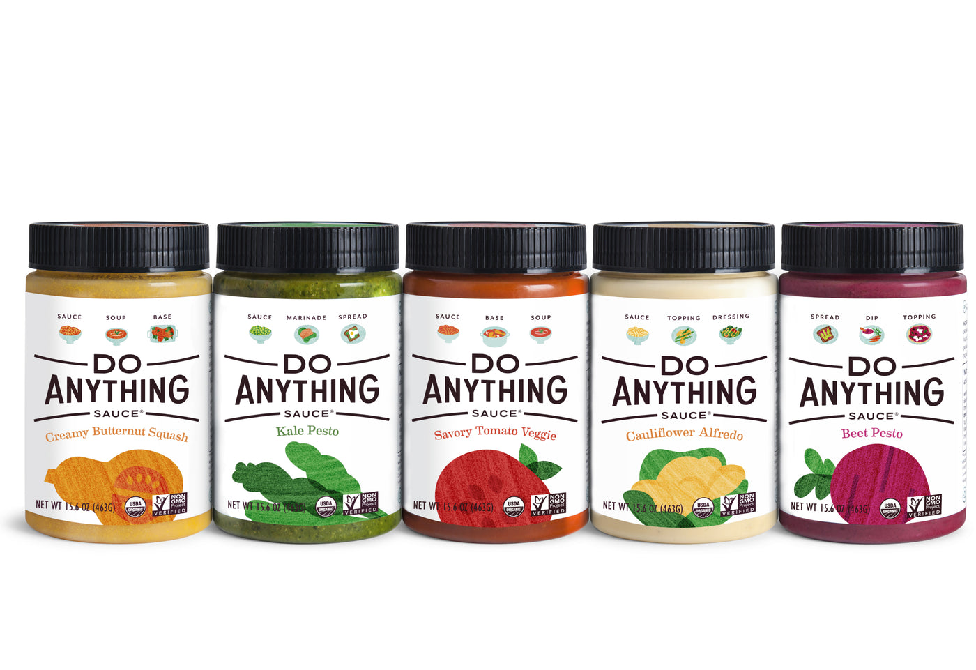 Do Anything Sauce Dinner Revival Kit; line up Butternut Squash Sauce, Kale Pesto, Tomato Veggie Sauce, Cauliflower Alfredo and Beet Pesto